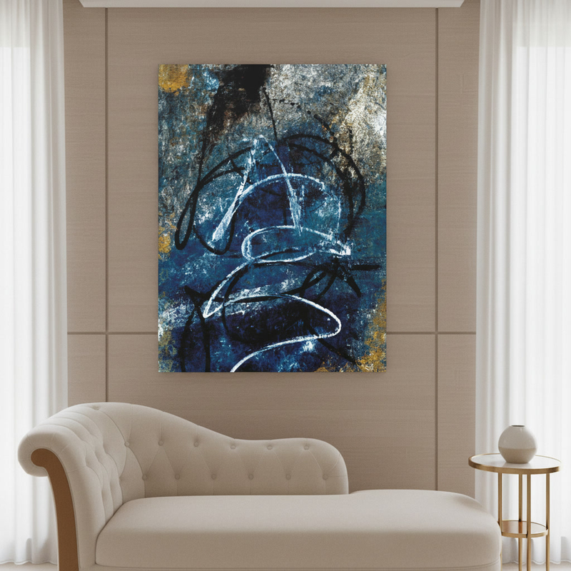 Abstract blue and gold canvas art in gallery room